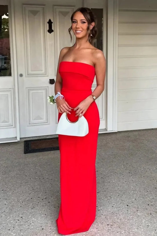 Hot Mermaid Strapless Red Long Prom Dress With Ruched Slit AD185