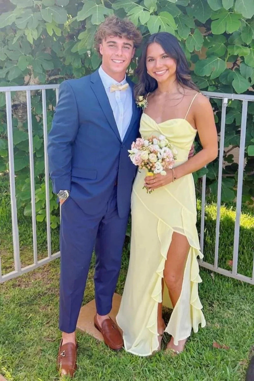 Beautiful A Line Spaghetti Straps Yellow Long Prom Dress With Split Front AD187