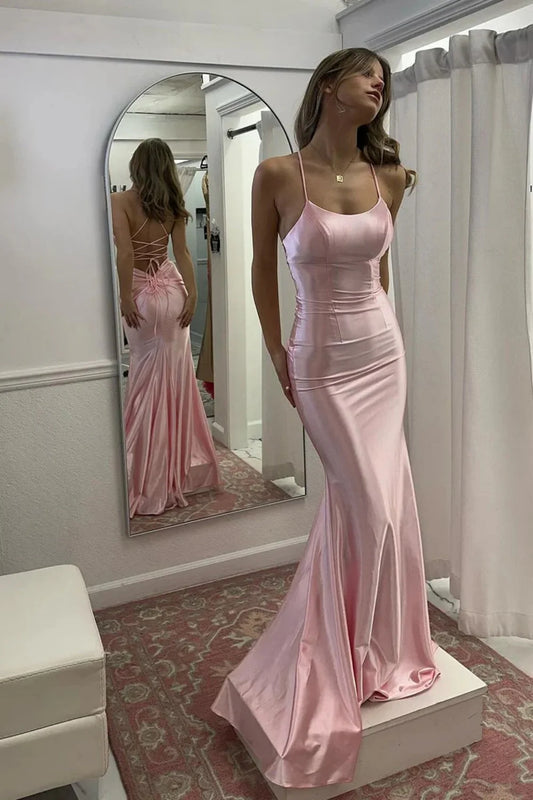Chic Pink Spaghetti Strap Satin Mermaid Prom Dress With Lace-Up Back AD188