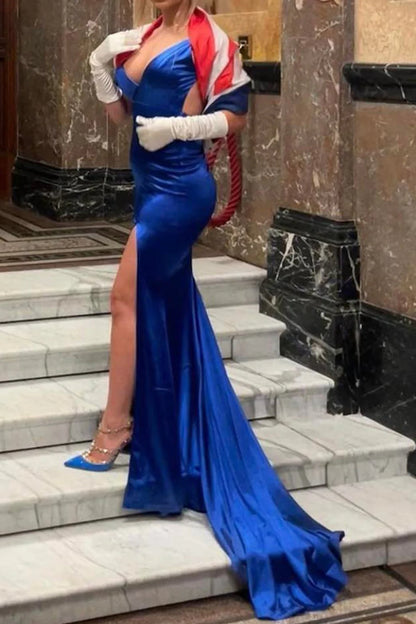 Burgundy Satin Spaghetti Strap Mermaid Prom Dress With Open Back AD190
