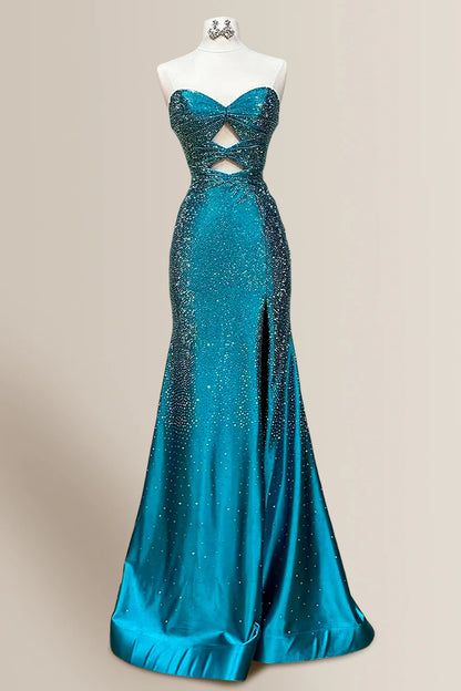 Teal Sweetheart Cutout Mermaid Satin Prom Dress With Sparkle Beading And High Slit AD191