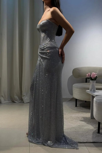 Silver Strapless Sequin Mermaid Prom Dress With High Slit And Draped Detail AD192