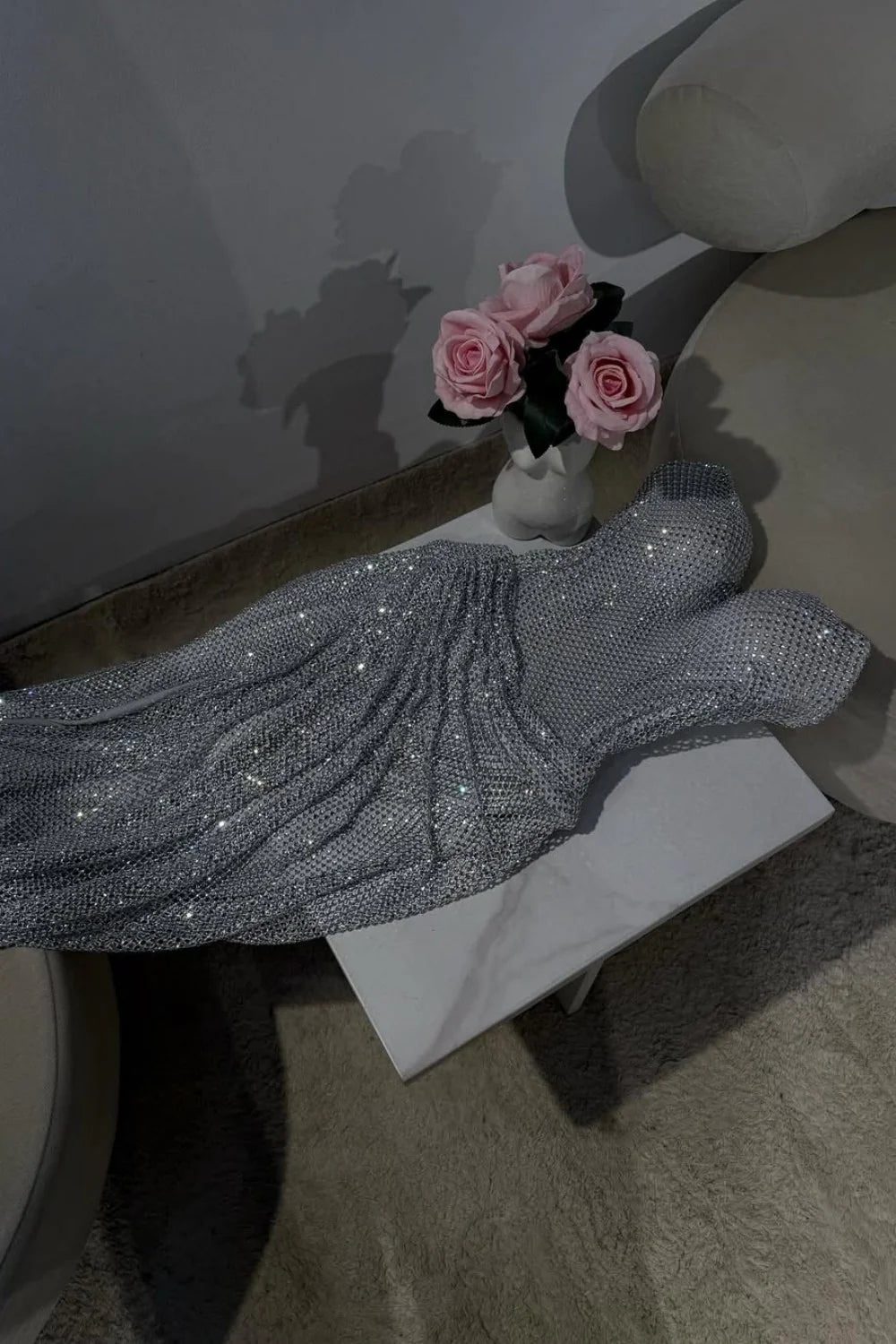 Silver Strapless Sequin Mermaid Prom Dress With High Slit And Draped Detail AD192