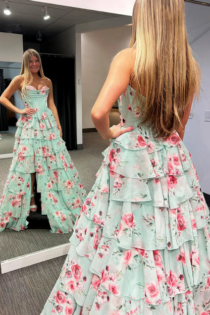 Mint Green Watercolor Floral Strapless Prom Dress With Sweetheart Tiered Chiffon Train AD193