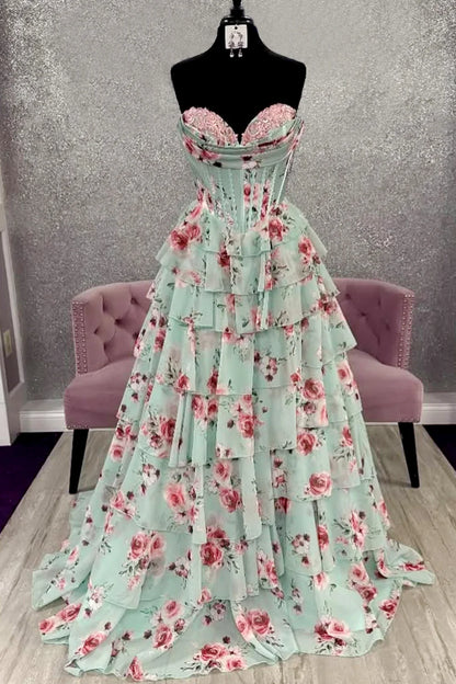 Mint Green Watercolor Floral Strapless Prom Dress With Sweetheart Tiered Chiffon Train AD193