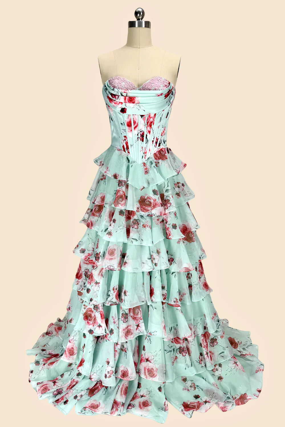 Mint Green Watercolor Floral Strapless Prom Dress With Sweetheart Tiered Chiffon Train AD193