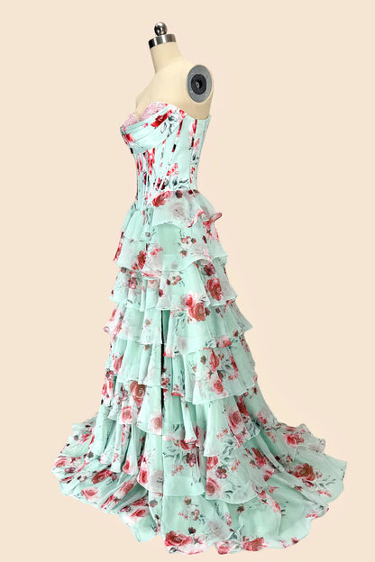 Mint Green Watercolor Floral Strapless Prom Dress With Sweetheart Tiered Chiffon Train AD193