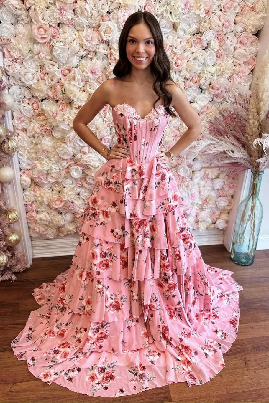 Mint Green Watercolor Floral Strapless Prom Dress With Sweetheart Tiered Chiffon Train AD193