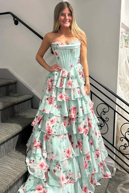 Mint Green Watercolor Floral Strapless Prom Dress With Sweetheart Tiered Chiffon Train AD193