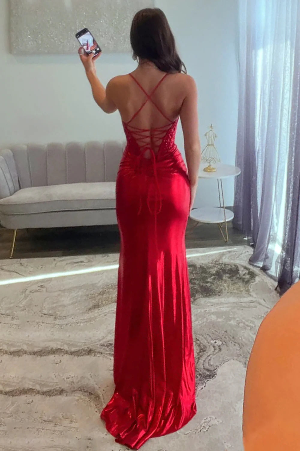 Red Spaghetti Strap Prom Dress With Lace Bodice And Crisscross Open Back AD194