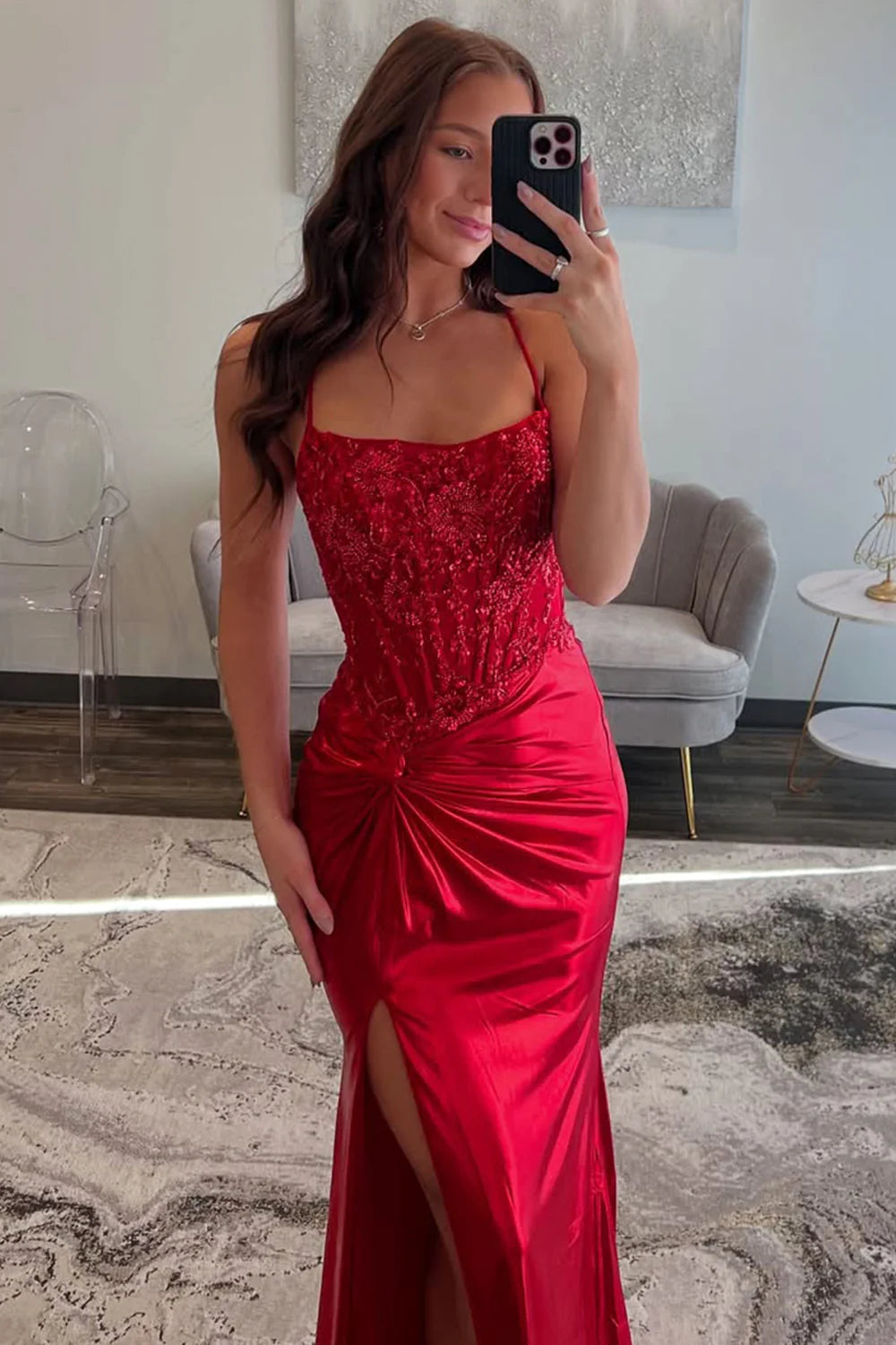 Red Spaghetti Strap Prom Dress With Lace Bodice And Crisscross Open Back AD194