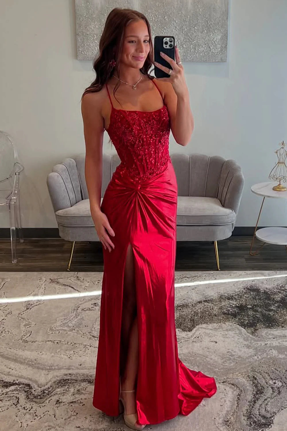 Red Spaghetti Strap Prom Dress With Lace Bodice And Crisscross Open Back AD194