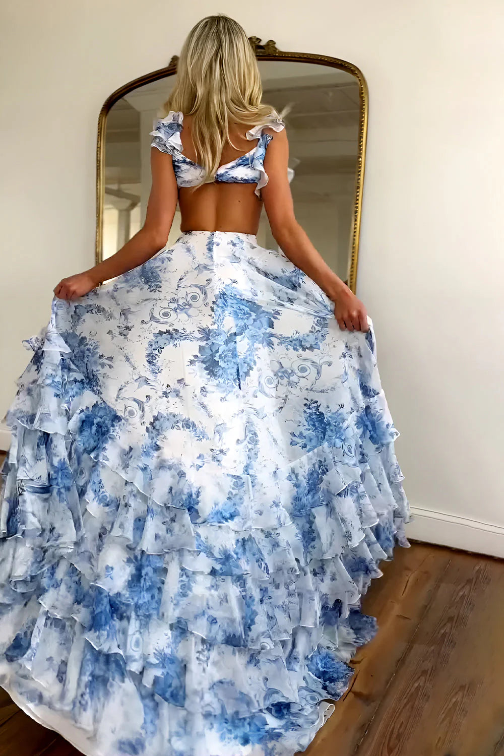 Stunning Printed Chiffon Prom Dress With V Neck Waist Hollow And Tiered A Line Design AD196