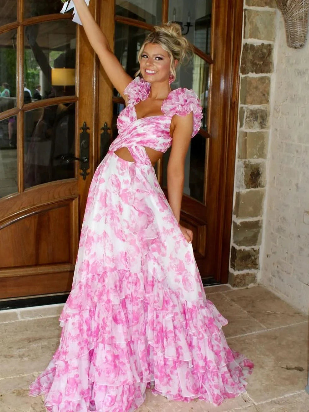 Stunning Printed Chiffon Prom Dress With V Neck Waist Hollow And Tiered A Line Design AD196