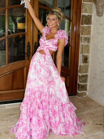Stunning Printed Chiffon Prom Dress With V Neck Waist Hollow And Tiered A Line Design AD196