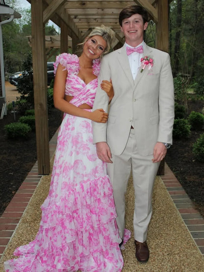 Stunning Printed Chiffon Prom Dress With V Neck Waist Hollow And Tiered A Line Design AD196