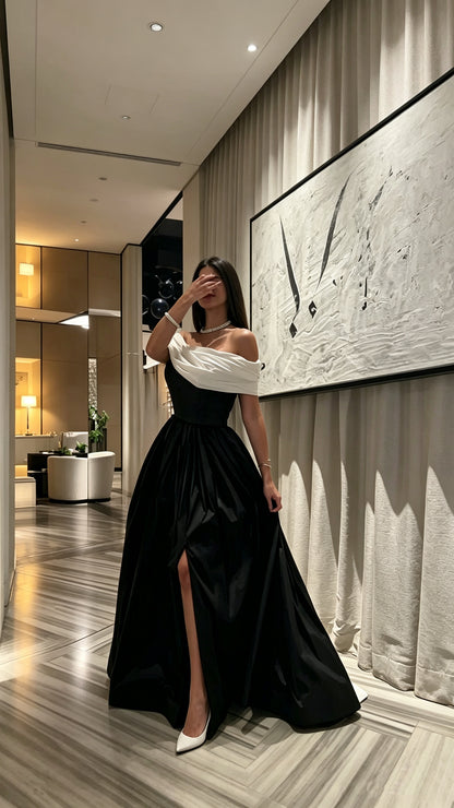 Elegant Black And White Off The Shoulder Ruched A-Line Long Prom Dress With Back Train AD1363
