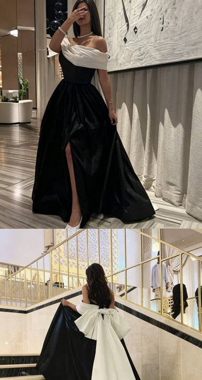 Elegant Black And White Off The Shoulder Ruched A-Line Long Prom Dress With Back Train AD1363