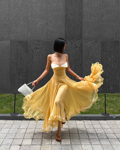 Airy Pink Sheer Chiffon Spaghetti Strap Contrast White Bust Corset Flowy Asymmetrical A Line Long Prom Dress AD1364