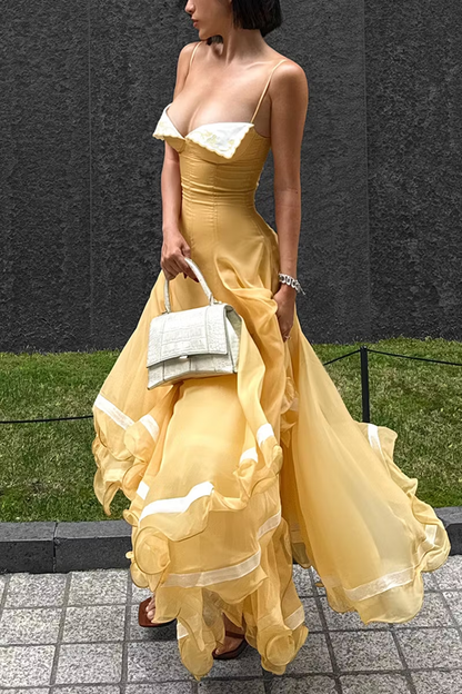 Airy Pink Sheer Chiffon Spaghetti Strap Contrast White Bust Corset Flowy Asymmetrical A Line Long Prom Dress AD1364