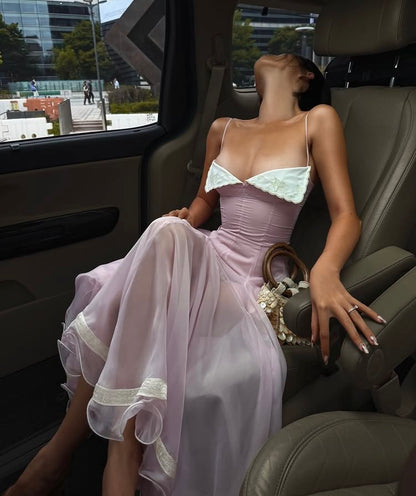 Airy Pink Sheer Chiffon Spaghetti Strap Contrast White Bust Corset Flowy Asymmetrical A Line Long Prom Dress AD1364