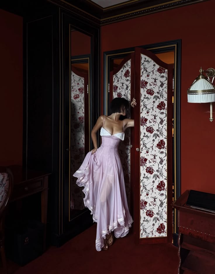 Airy Pink Sheer Chiffon Spaghetti Strap Contrast White Bust Corset Flowy Asymmetrical A Line Long Prom Dress AD1364