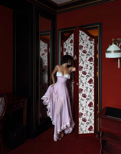 Airy Pink Sheer Chiffon Spaghetti Strap Contrast White Bust Corset Flowy Asymmetrical A Line Long Prom Dress AD1364