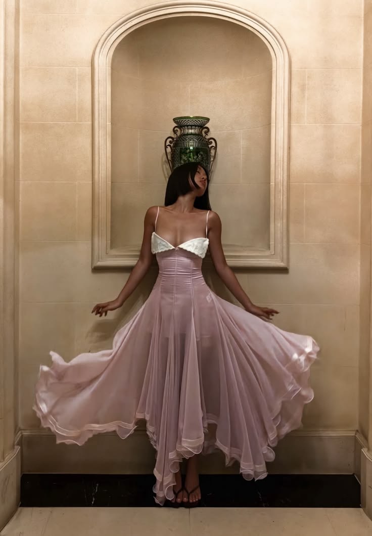 Airy Pink Sheer Chiffon Spaghetti Strap Contrast White Bust Corset Flowy Asymmetrical A Line Long Prom Dress AD1364