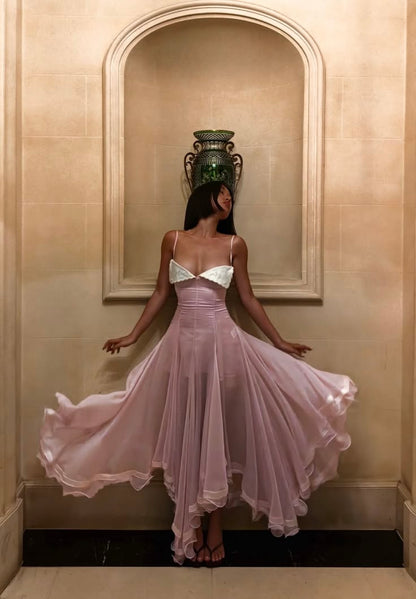 Airy Pink Sheer Chiffon Spaghetti Strap Contrast White Bust Corset Flowy Asymmetrical A Line Long Prom Dress AD1364