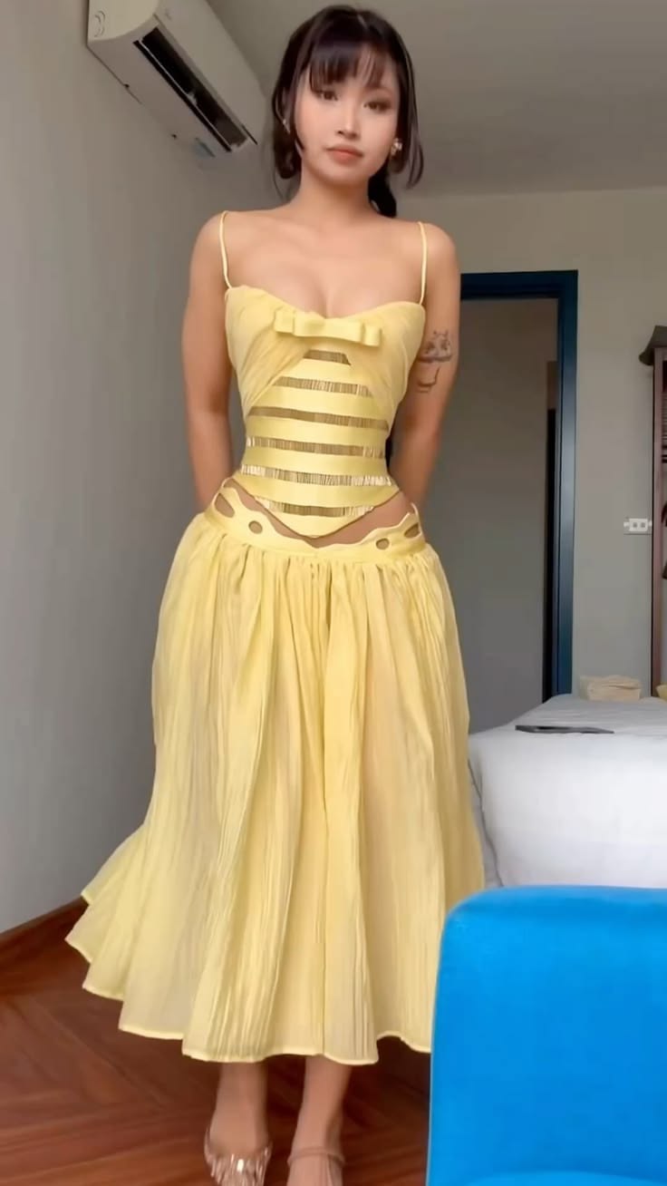 Chic Yellow Spaghetti Strap Bow Cutout Fringe Corset Flowy A Line Long Prom Dress AD1365
