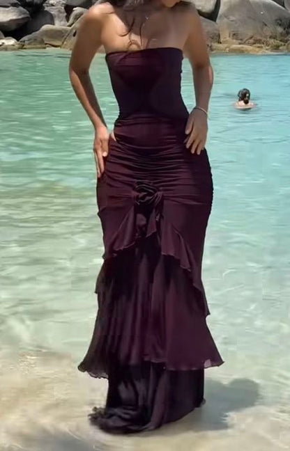 Glam Plum Strapless Ruched 3D Rose Tier Ruffle Side Cutout Ruffled Mermaid Long Prom Dress AD1366