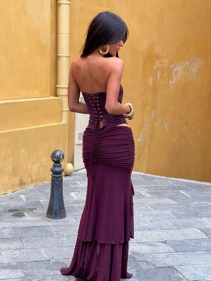 Glam Plum Strapless Ruched 3D Rose Tier Ruffle Side Cutout Ruffled Mermaid Long Prom Dress AD1366