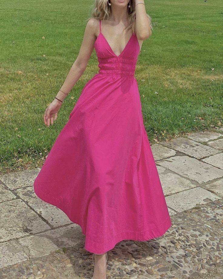Vibrant Hot Pink Spaghetti Strap Deep V Neck Flowy A-Line Long Prom Dress AD1367