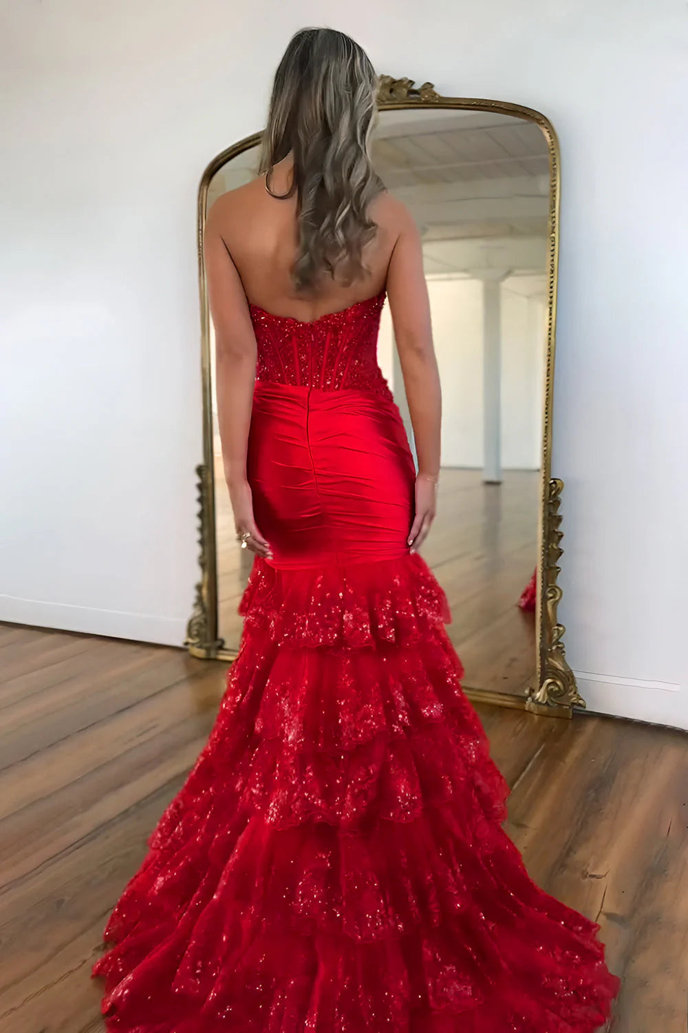Stunning Satin Mermaid Prom Dress With Strapless Design And Tiered Sequin Ruffle Details AD197