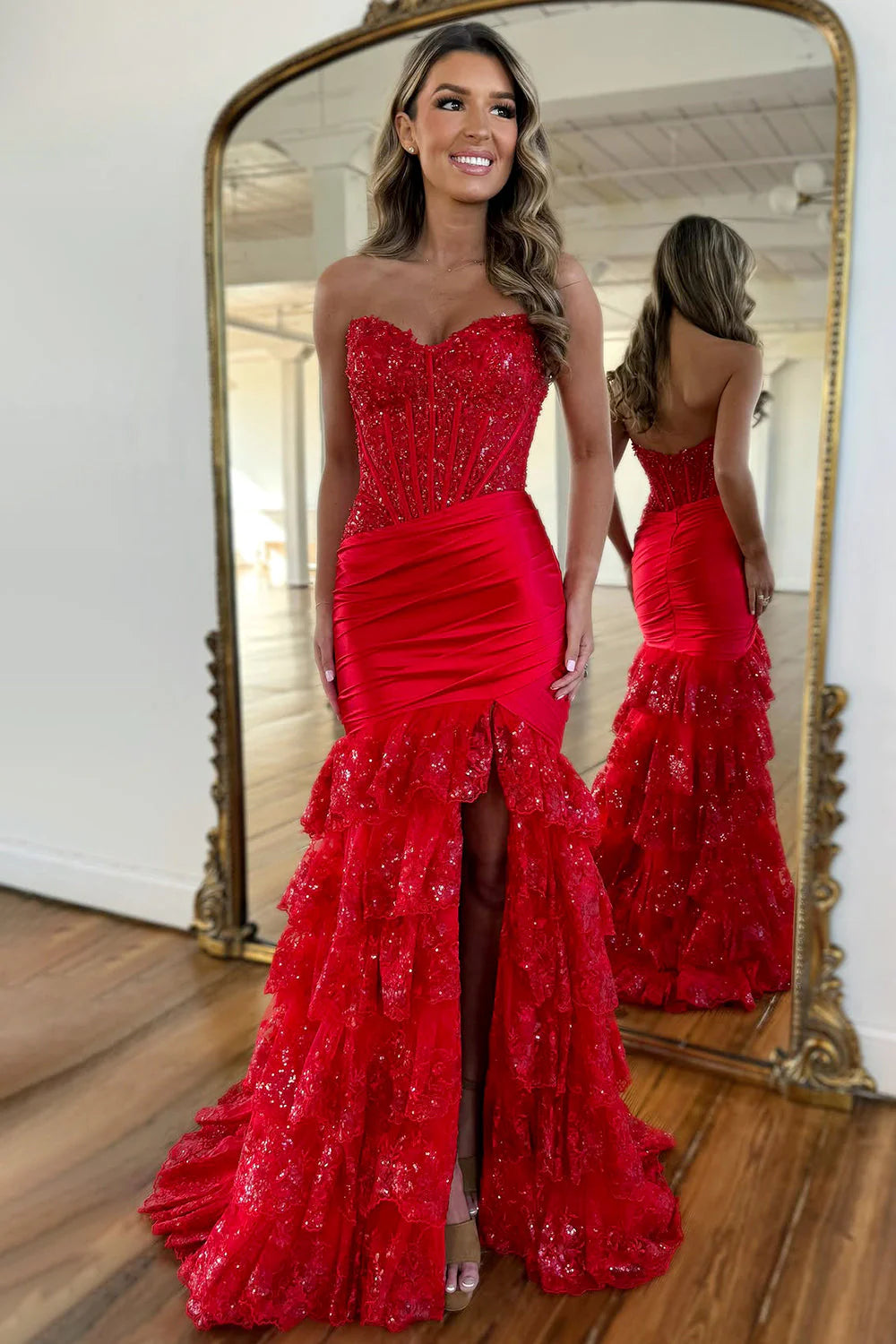 Stunning Satin Mermaid Prom Dress With Strapless Design And Tiered Sequin Ruffle Details AD197