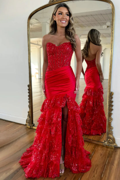 Stunning Satin Mermaid Prom Dress With Strapless Design And Tiered Sequin Ruffle Details AD197