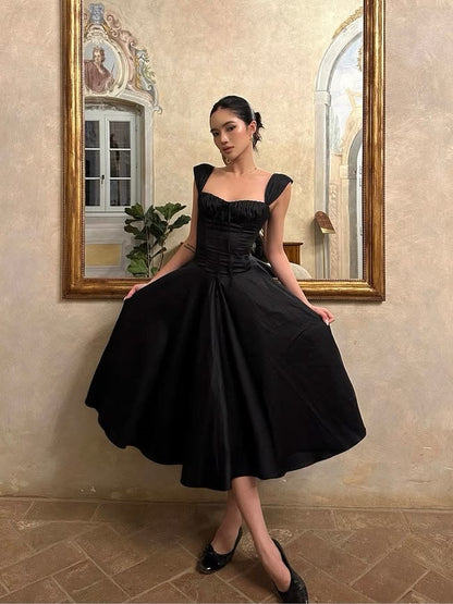 Elegant Black Cap Sleeve Sweetheart Neck Corset Bodice A Line Long Prom Dress AD1370
