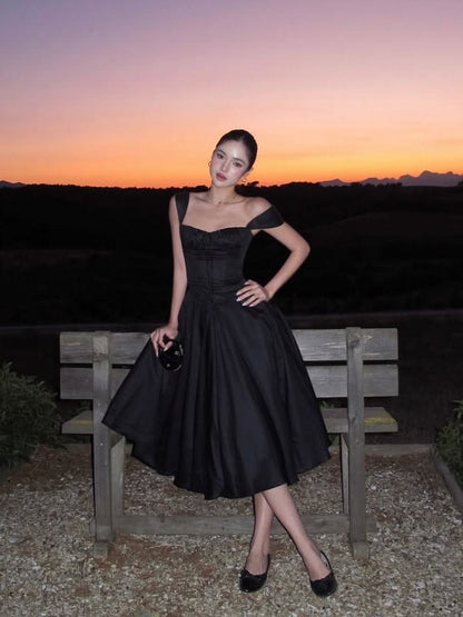 Elegant Black Cap Sleeve Sweetheart Neck Corset Bodice A Line Long Prom Dress AD1370