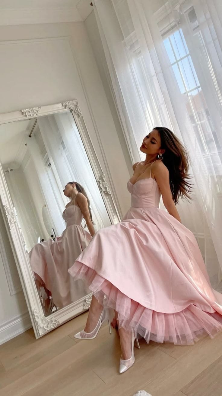Romantic Pink Spaghetti Straps Sweetheart Neck A Line Long Prom Dress AD1371