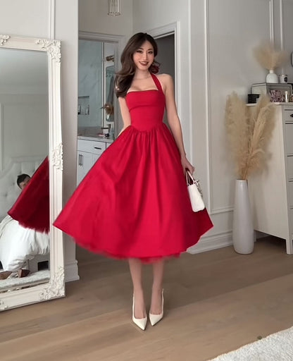 Chic Pink Halter Square Neck A Line Long Prom Dress AD1372