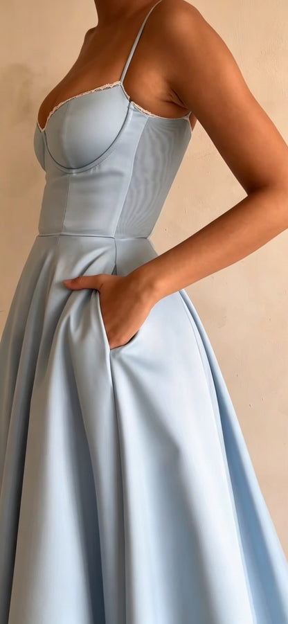 Graceful Blue Spaghetti Straps Sweetheart Corset  A Line Long Prom Dress AD1373