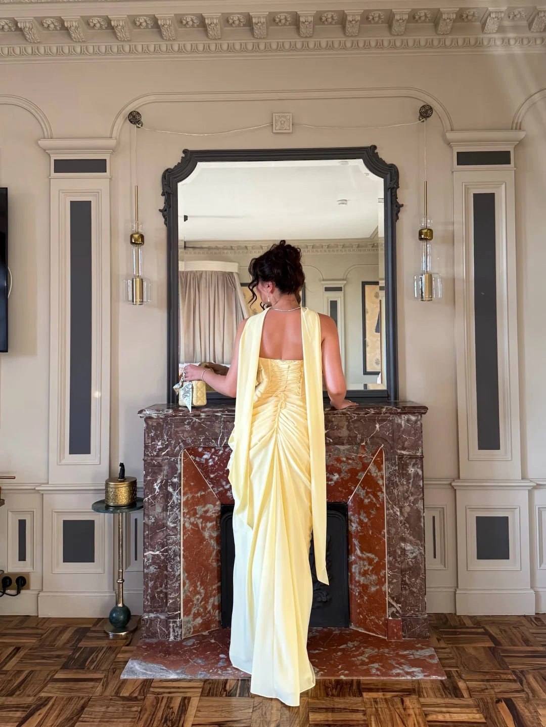 Glam Yellow Strapless Ruched High Side Slit Mermaid Long Prom Dress With Long Neck Sash AD1374
