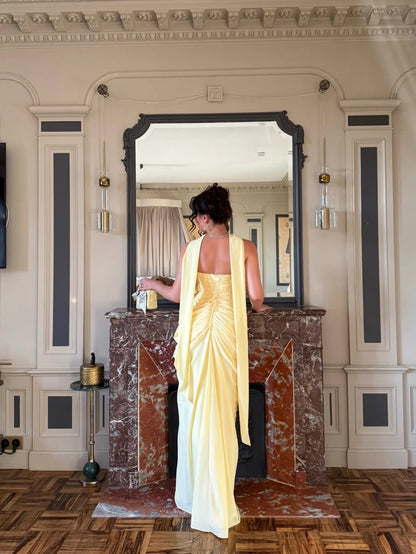 Glam Yellow Strapless Ruched High Side Slit Mermaid Long Prom Dress With Long Neck Sash AD1374
