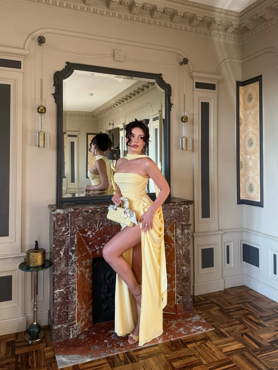Glam Yellow Strapless Ruched High Side Slit Mermaid Long Prom Dress With Long Neck Sash AD1374