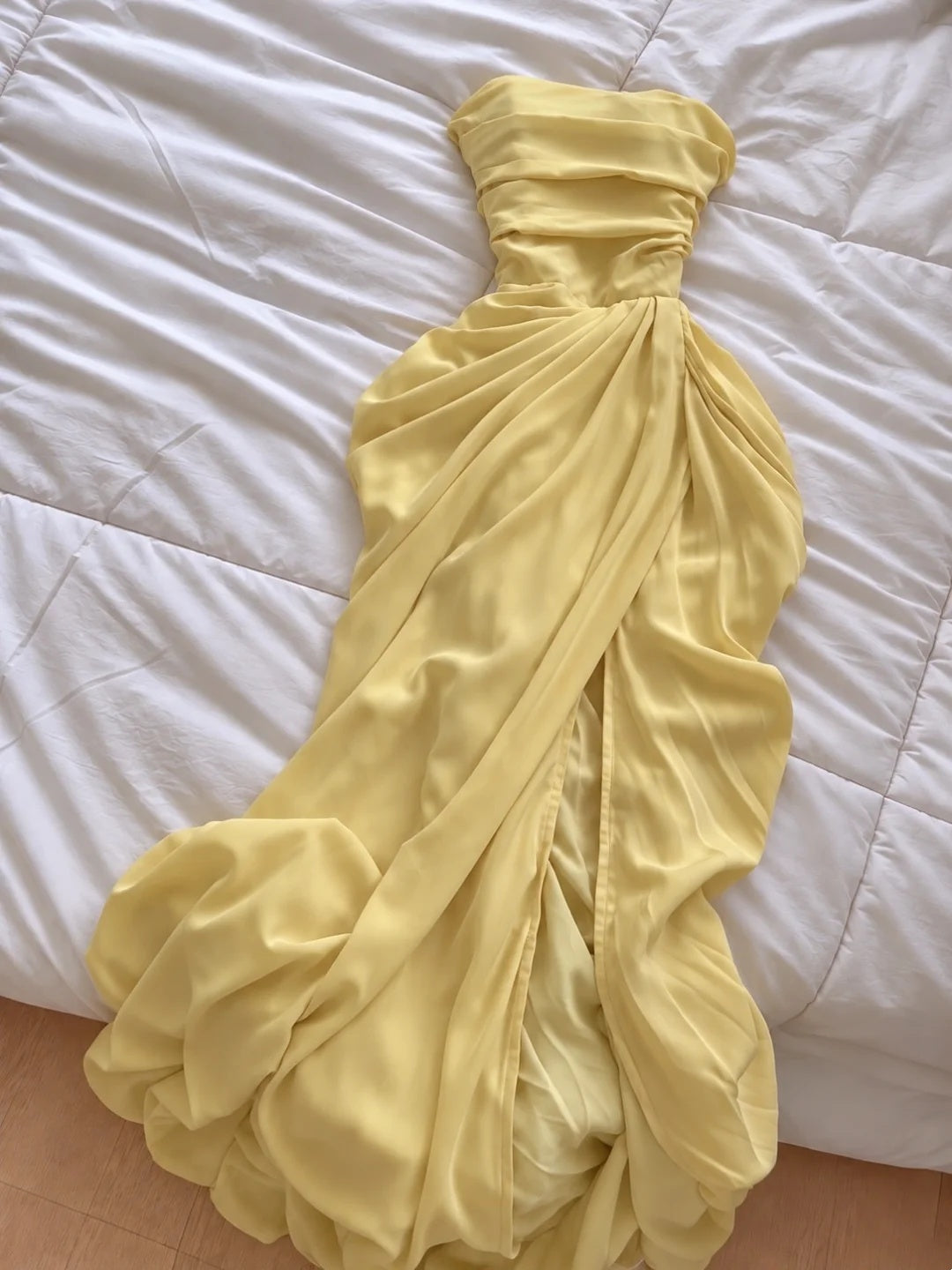 Glam Yellow Strapless Ruched High Side Slit Mermaid Long Prom Dress With Long Neck Sash AD1374