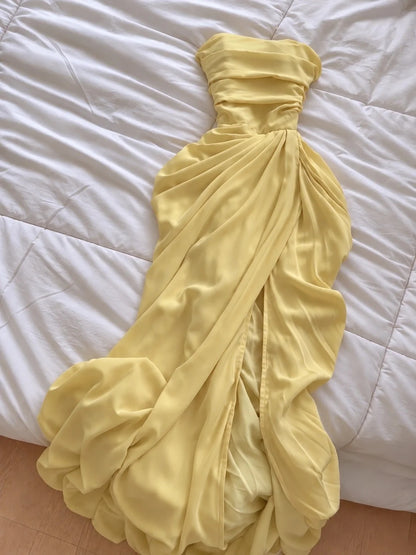 Glam Yellow Strapless Ruched High Side Slit Mermaid Long Prom Dress With Long Neck Sash AD1374