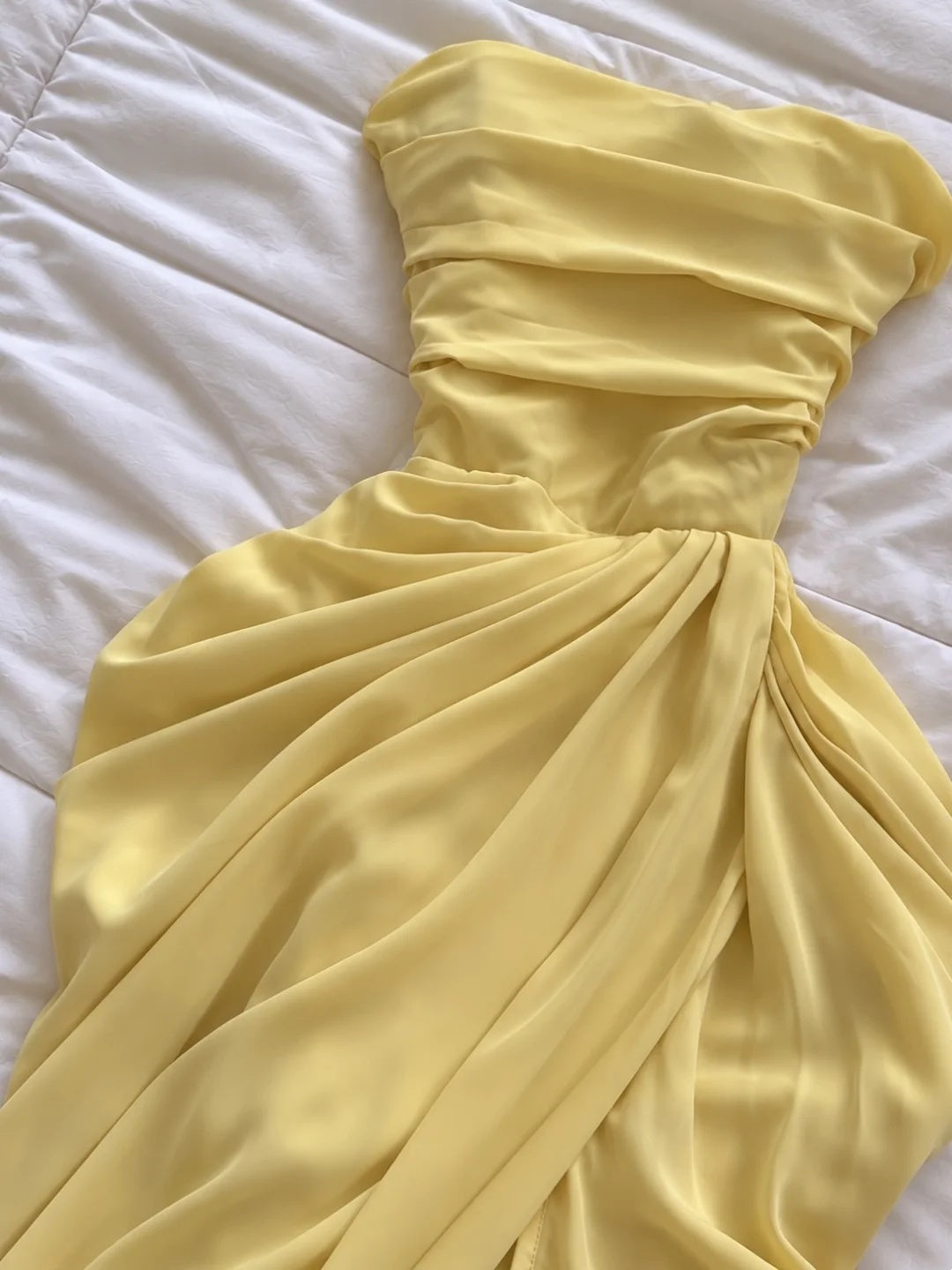 Glam Yellow Strapless Ruched High Side Slit Mermaid Long Prom Dress With Long Neck Sash AD1374