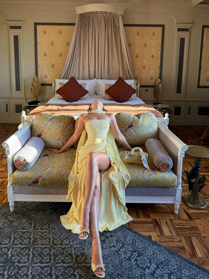 Glam Yellow Strapless Ruched High Side Slit Mermaid Long Prom Dress With Long Neck Sash AD1374
