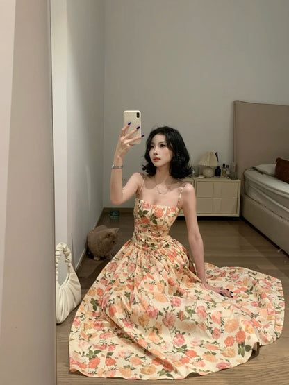 Romantic Pastel Floral Spaghetti Straps A-Line Long Prom Dress AD1375