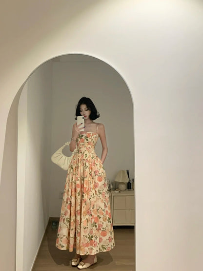 Romantic Pastel Floral Spaghetti Straps A-Line Long Prom Dress AD1375
